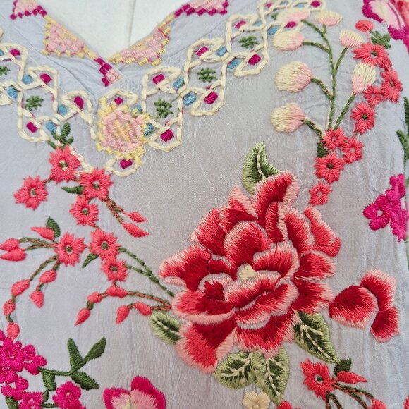 Johnny Was Floral Embroidered Semi Sheer Chiffon Tunic Blouse 3/4 Sleeve - Picture 3 of 14